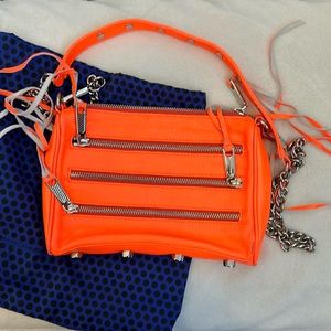 Neon orange Rebecca minkoff 5 zip mini Mac crossbody bag with dust bag